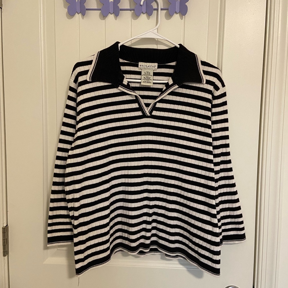 EUC Vintage White Stag women’s black white stripe collared ribbed knit shirt‎ XL